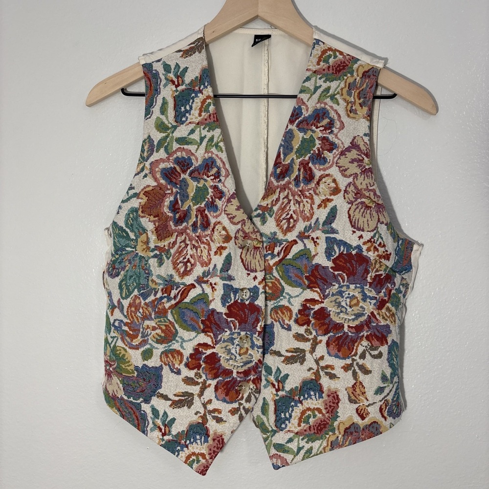 Multicolour Floral Cottagecore Tapestry Gilet Waistcoat Vest Boho Tie in Back L